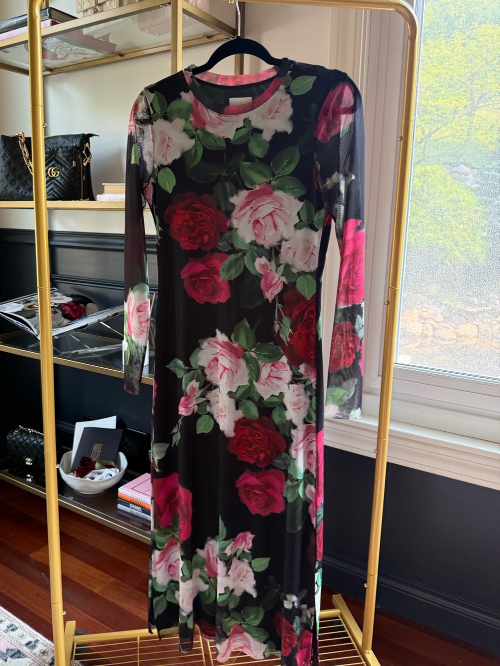 Jade Black Floral Rose Mesh Long Sleeve Maxi Dress Size Small